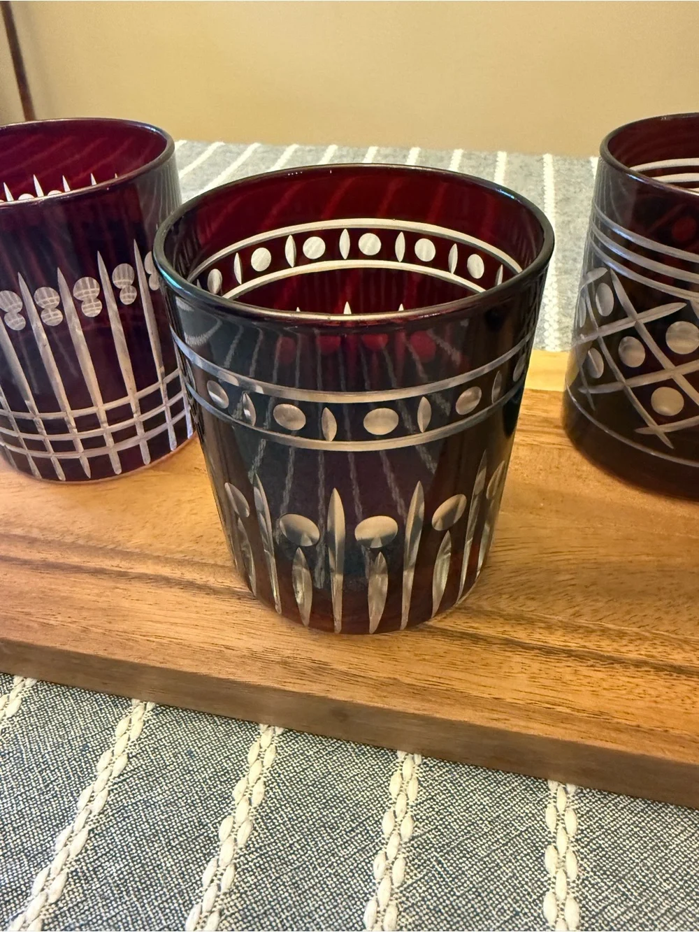 Williams Sonoma Ruby Red Etched Double Old Fashion glasses - Set of 4